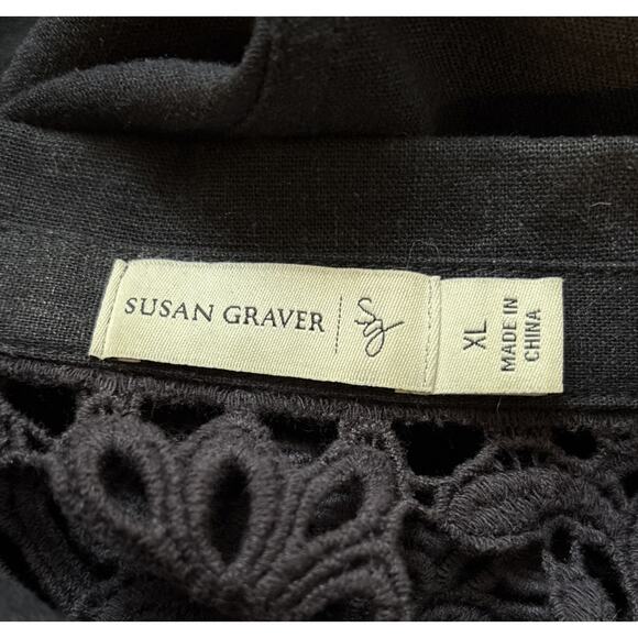 Susan Graver Linen Blend Blazer Jacket XL Navy Blue Crochet Detail Boho Classic - Picture 11 of 12